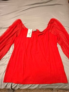 Women's Red Scoop Neck Top with Sheer Dotted Long Sleeves